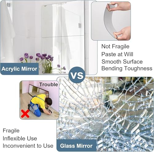 JUNEBRUSHS 4 Pack Self Adhesive Acrylic Mirror, 12X 12 Inch Mirror Tiles,Flexible Plastic Mirrors Sheets Wall Stickers,2MM Thick Mirrors,Frameless Small Mirror - Image 4