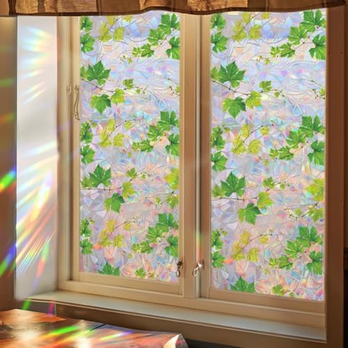 GORGECRAFT 111.5 x 45cm Leaf Window Clings Large Green Leaves Static Window Decals Removable Non Adhesive Glass Door Vinyl Privacy Film Rainbow Sun Catcher Home Decorations for Bathroom Cabinet by GORGECRAFT