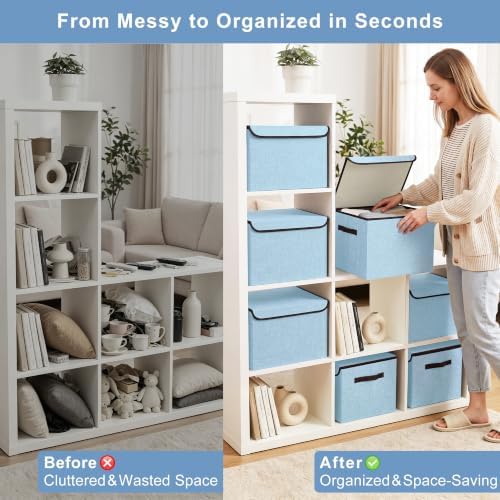 Bagnizer Foldable Storage Bins with Lids, Decorative Storage Baskets, Large Storage Boxes for Home, Office, Bedroom, Closet, Blue, Medium, 4 Pack 14.6 x 9.5 x 9.5” - Image 2