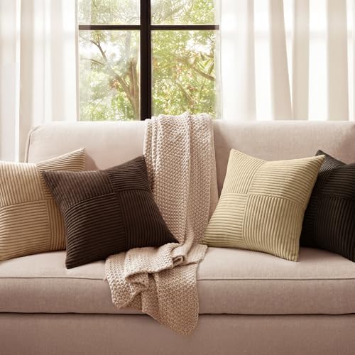 MIULEE Boho Decorative Throw Pillow Covers 18x18 Set of 4 Farmhouse Neutral Cushion Cases Gradient Corduroy Pillow Cases Modern Soft Corduroy Patchwork Home Decor for Couch Sofa Bedroom Dark Brown - Image 2