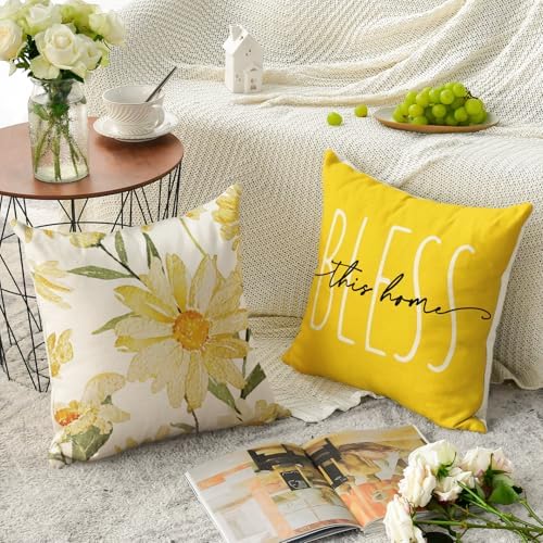 AVOIN colorlife Home Sweet Home Spring Summer Flowers Yellow Throw Pillow Covers, 16 x 16 Inch Cushion Case for Sofa Couch Set of 4 - Image 4