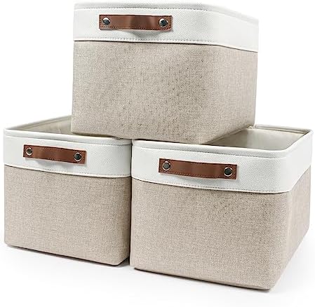 Bagnizer Storage Bins Large Fabric Storage Baskets for Shelves 3 Pack, Decorative Linen Closet Baskets with Handles for Organizing, Shelf, Clothes, Home, Office, 15x11x9.5Inches (Beige&White) by Bagnizer