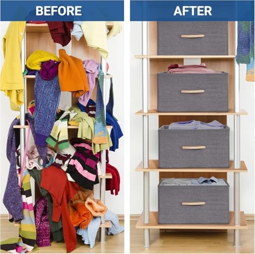 Large Storage Bins, Foldable Storage Baskets with Wooden Handles, Fabric Clothes Storage Boxes for Shelves for Organizing Closet Shelf Nursery, Grey 2-Pack - Image 3