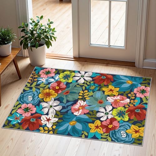 Front Door Mat Outside Entrance - 2x3 Colorful Botanical Floral Rug by Othilic