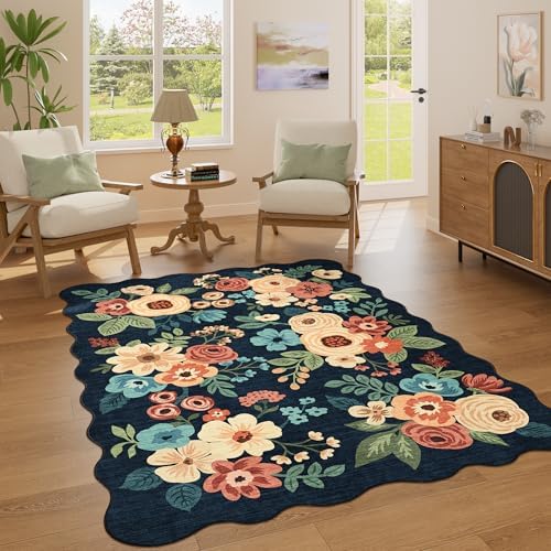 DUKINO 4x6 Area Rug, Non Slip Floral Washable Living Room Rug, Navy Blue - Image 3