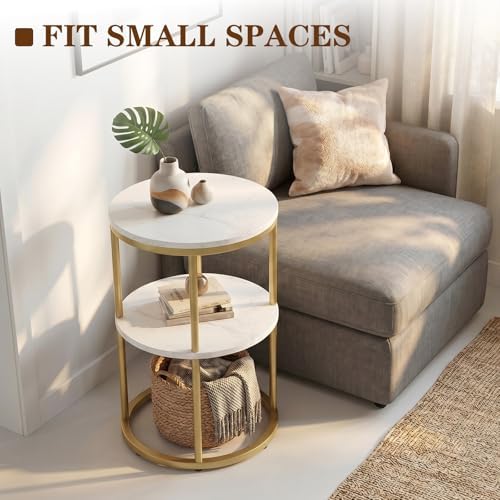C Shaped end Table,2 Tier Wood Round Side Table for Couch,Small Sofa Table with Metal Frame for Bedroom,Living Room,Bedside,Gold(11.8" D x 11.8" W x 22.9" H) - Image 5
