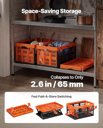VEVOR Plastic Collapsible Storage Bins, 45L 6 Packs, Stackable Folding Storage Crates with Handles, Holds 33 lbs Per Bin, Foldable Heavy Duty Containers, Space-Saving Baskets, for Home Organizing - Image 4