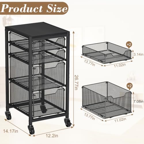 Rolling Storage Cart with Drawers, Under Desk Storage with Wooden Tabletop & Lockable Wheels, 4-Tier Storage Drawers for Bathroom, Craft, Office, Black - Image 2