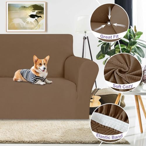 ZNSAYOTX Chair Cover with Arms (30"-47"), New Striped Sofa Chair Covers for Living Room, Dogs Pet Friendly Anti-Slip Chair Protector Spandex Armchair Slipcovers (Light Coffee, Chair) - Image 4