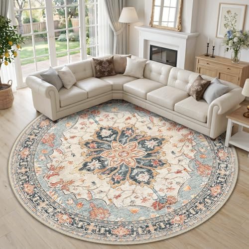 RELEANY Washable Area Rug, Round 10ft, Beige/Blue/Orange by RELEANY