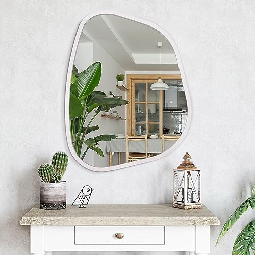White Irregular Oval Wall Mirror Large 26"x18" Inches Asymmetrical Mirror Modern Wood Frame Unique Shape Wall Mounted Vanity Artistic Mirror Decor for Living Room Bedroom Bathroom Entryway - Image 4