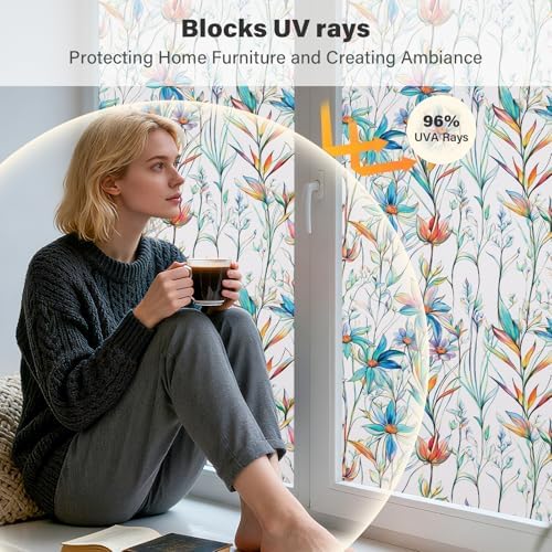 Donox Window Privacy Film, Frosted Stained Glass Window Films, Static Cling Non-Adhesive Decorative Windows Sticker for Front Door Bathroom, Heat Control Anti UV(Blue Lotus,35.4 x 78.7 inches) - Image 3