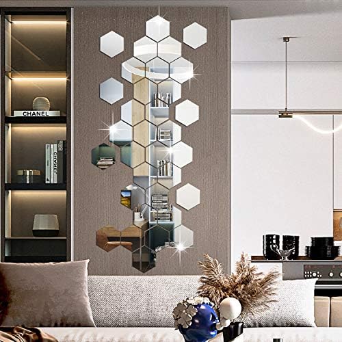RW-103 36 PCS Acrylic Mirror Wall Stickers Hexagon Mirror Wall Decals DIY Removable 3D Geometric Hexagon Mirror Art Setting Wall Decor for Bedroom Living Room Office Kitchen Home Decoration (Silver) - Image 5