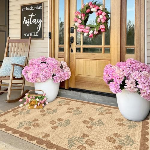 3x5 Floral Entry Rug - Small Washable Indoor Outdoor Mats for Front Door Non-Slip Jute-Look Porch Rug Boho Tan Scalloped Throw Rugs for Living Room Bedroom Entryway Kitchen Office Porch Decor - Image 4