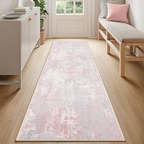 RELEANY Washable Runner 2'x6' Abstract Area Rug for Hallway Gray Pink - Image 3
