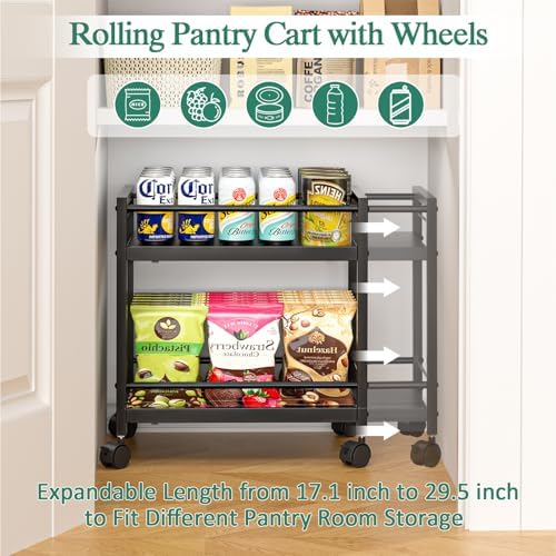 2-Tier Expandable Rolling Pantry Cart with Wheels, Adjustable Floor Organizer for Kitchen Pantry, Can Organizer for Pantry, Storage Cart for Snack, Food, Vegetables, Black, Patent Pending - Image 2