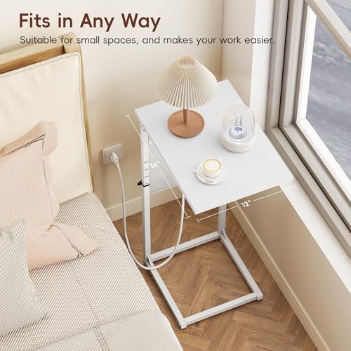 Vagusicc C Shaped End Table with Charging Station, Adjustable Height Side Table for Couch, Small Sofa Table for Small Spaces, Slide Under Sofa Table TV Tray Arm Tables for Living Room, Bedroom, White - Image 4