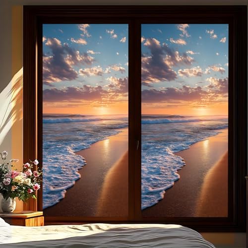 Sunset Beach Window Privacy Film, Decorative Static Cling Window Cling Crystal Pattern, Removable No Glue Window Film 39.3 x 17.5 Inch for Bathroom Bedroom Glass Door by KKYEJLQYI
