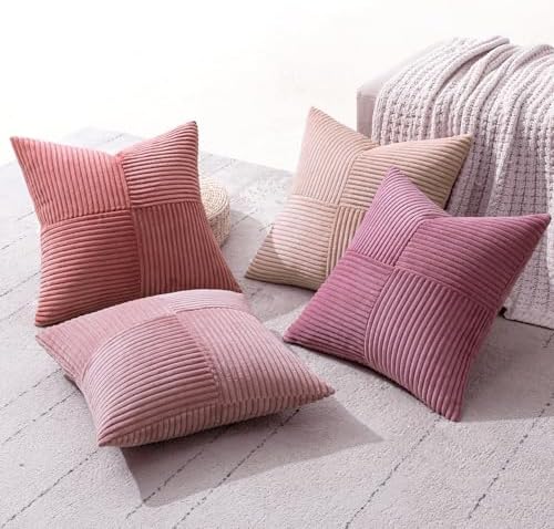 MIULEE Pink Spring Throw Pillow Covers 20x20 Inch Set of 4 Boho Farmhouse Cushion Cases Decorative Gradient Pillow Cases Corduroy Striped Home Decor for Couch Sofa Living Room Bed Valentine Decor - Image 3