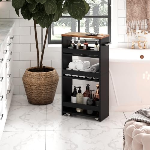 TEAMIX Slim Rolling Storage Cart, Wood 4-Tier Narrow Kitchen/Laundry Cart - Image 6