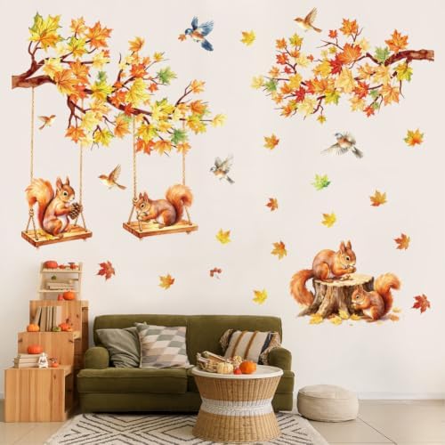 Fall Maple Leaf Wall Decal Autumn Maple Tree Wall Sticker Peel and Stick Squirrel Bird Home Decor Fall Thanksgiving Harvest Wall Stickers for Bedroom Nursery - Image 6