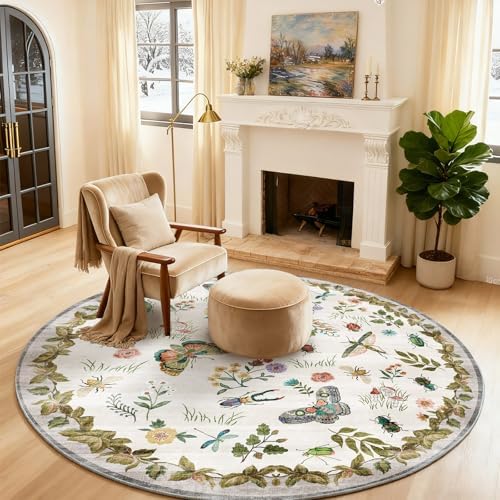 Washable Round Rugs for Bedroom 4ft: Living Room Rug Stain Resistant Non Slip Low Pile Ultra Soft Faux Wool Small Circle Rugs for Entryway Kitchen Bathroom Nursery Dorm Home Office Entrance Indoor by palohom