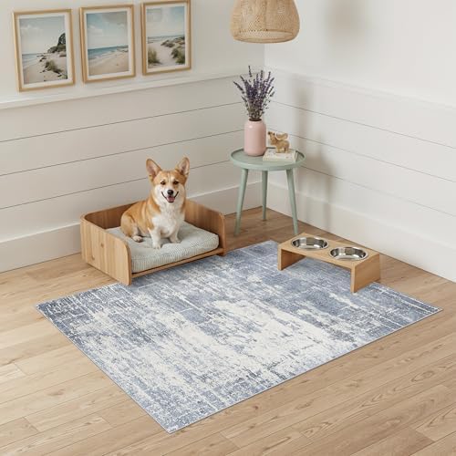 Washable 2x3 Entryway Area Rug: Modern Abstract Neutral Kitchen Rug Vintage Soft Floor Mat for Stove & Sink Area Non-Slip Indoor Farmhouse Carpet for Bathroom Bedroom Boho Beside Rug(2x3,Blue/Ivory) - Image 2