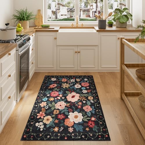 DUKINO 3x4 Area Rug, Floral Washable Rug for Kitchen Non Slip, Black by DUKINO
