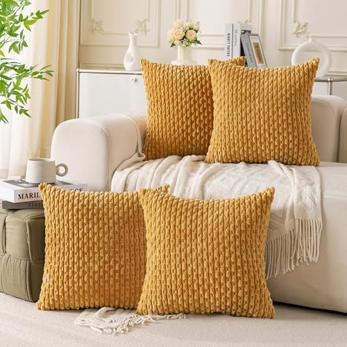 Set of 4 Mustard Yellow Decorative Throw Pillow Covers 18x18 Inch Corduroy Pillow Covers for Bed Couch Sofa Living Room Soft Square Cushion Cases by Cozoomy