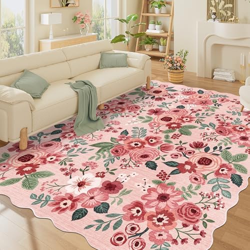 DUKINO 8x10 Area Rug for Living Room, Floral Washable Rug Non Slip, Pink by DUKINO