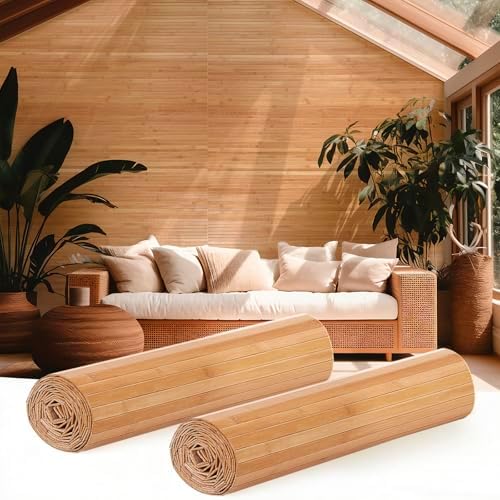 Juexica 2 Pcs Natural Bamboo Wall Panel 12 x 96 Inch Bamboo Covering Renewable Pole Wrap Fencing Wainscoting Room Divider for Interior Wall Decoration Bedroom Living Room Ceiling Tiles(Carbonized) by Juexica