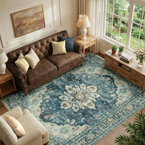 RELEANY Washable Area Rug, 6'x9', Blue/Vintage Dark Blue by RELEANY