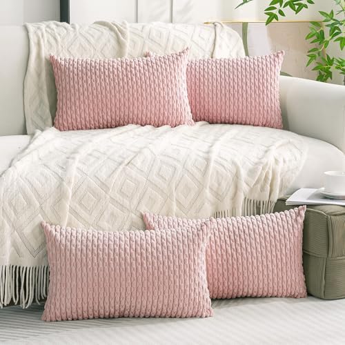 Set of 4 Light Pink Decorative Throw Pillow Covers 12x20 Inch Corduroy Pillow Covers for Bed Couch Sofa Living Room Soft Cushion Cases by Cozoomy