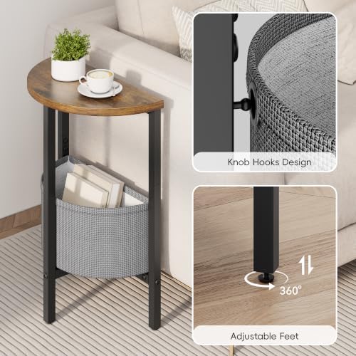 VAGUSICC Round Side Table with Charging Station, Small Round Accent End Table with Fabric Basket, Set of 2 Half Moon Tables Coffee Table, Bedside Table, Modern Nightstand for Living Room Bedroom,Brown - Image 6