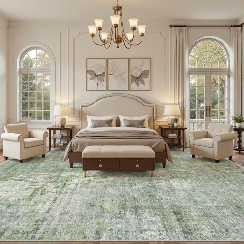 Soalmost 10x14 Area Rugs for Living Room Washable Rug Abstract Green/Ivory - Image 3