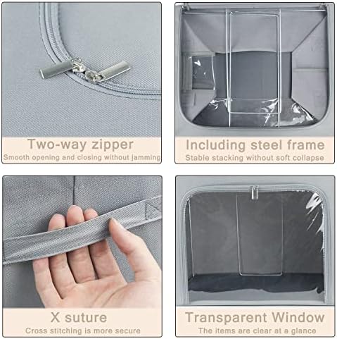 Clothes Storage Box Bins Stackable Foldable Organizer,Sturdy Handles with Metal Frame for Clothing Bedding Shelves,Closet Container with Clear Window Zipper and Label Holder (Gray, 66L x3 Pack) - Image 5