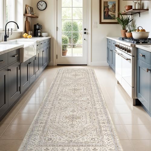 3x10 Washable Hallway Runner Rug - Non-Slip Vintage Kitchen Rugs Beige Gray by Puino