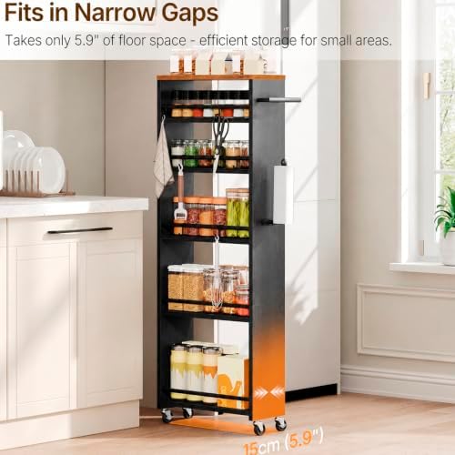 YATINEY 6 Tier Slim Storage Cart, Narrow Kitchen Cart with Wheels, Rolling Utility Cart with Handle and 6 Hooks, Space Saving Organizer for Kitchen, Bathroom, Laundry Room, Rustic Brown BC11BR - Image 4
