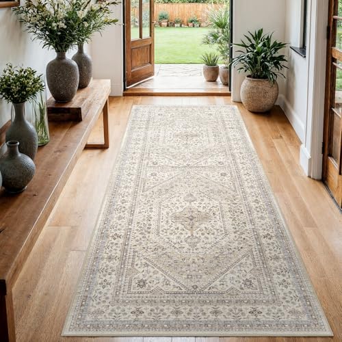 3x6 Washable Hallway Area Rug - Non-Slip Vintage Kitchen Rugs Beige Gray - Image 2