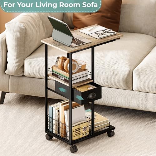 Rolling C Shaped Side Table with Storage Drawer, Ivory Portable Desk on Wheels, Bedside Table for Sofa Couch & Bed, Small Overbed Laptop Desk, Mobile Coffee End Table for Bedroom Living Room Dorm - Image 7