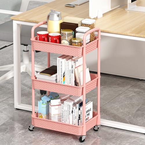 MOYIPIN 3-Tier Plastic Rolling Utility Cart with Handle,Utility,Pink - Image 4