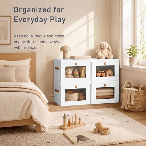 DIMJ Storage Bins with Lids - 5 Pack Front Opening Stackable Fabric Storage Boxes with Clear Window & Handles, Collapsible Closet Organizers for Clothes, Sweaters, Shelf Storage, Bedroom, White - Image 4