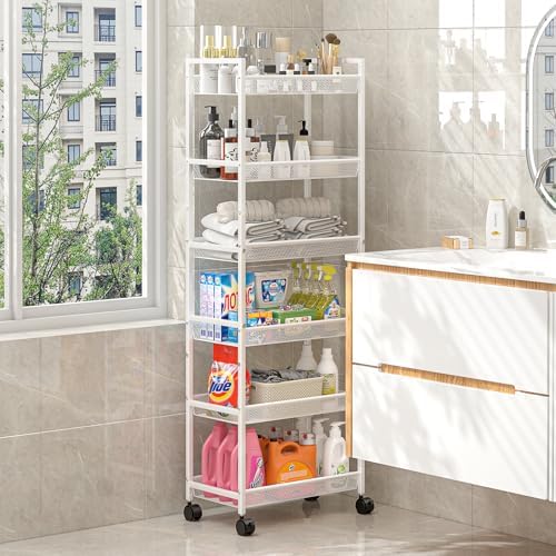 6 Tier Slim Rolling Storage Cart, Narrow Mobile Shelving Unit Organizer Utility Cart with Wheels, Metal Wire Storage Rack with Baskets for Kitchen, Bathroom, Laundry & Living Room, 10in(W) White - Image 6