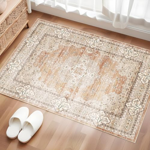 2x3 Washable Entryway Area Rug - Non-Slip Boho Throw Rugs Terracotta Beige by Puino