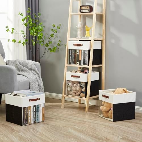 Bagnizer Storage Cubes, 4 Pack Linen Foldable Storage Bins (13 x 13 inch) with Clear Window and Handles, Fabric Organizer for Shelf Closet, Clothes, Books - (Black and White) - Image 6
