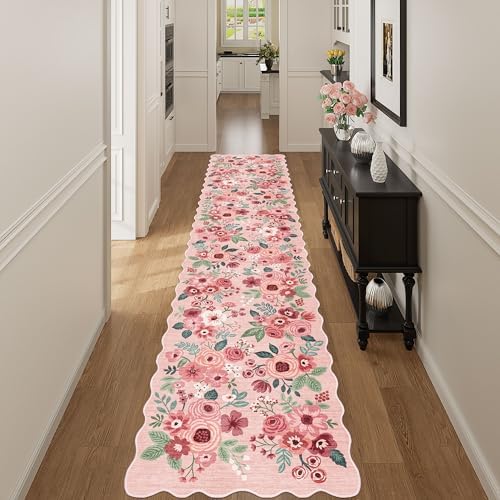 DUKINO 2.6x12 Washable Runner Rug, Floral Non Slip Long Kitchen Rug, Pink - Image 3