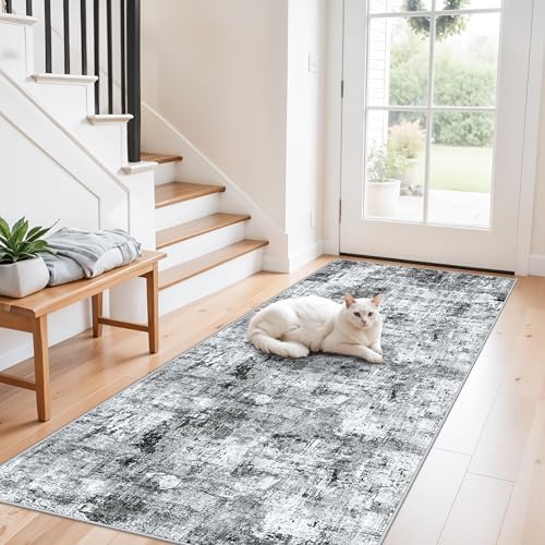 3x7 Washable Non-Slip Kitchen Runner Rug – Modern Abstract Neutral Gray Carpet for Hallway, Entryway, Bedroom, Laundry Room – Low-Pile Thin Wide Floor Runner with Rubber Backing （Grey） by ZHXXUJ