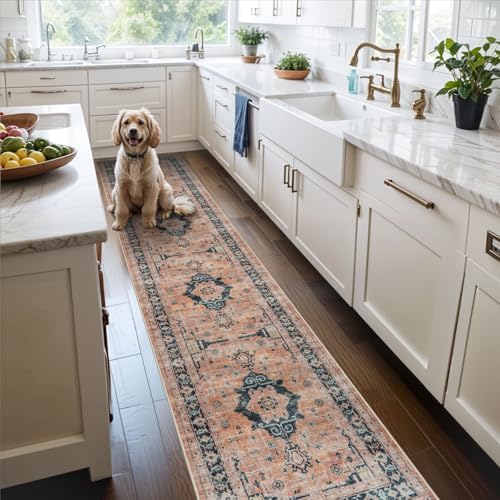 Hallway Washable Runner Rug - 2x10 Kitchen Rugs Entryway Rug Runner Vintage Soft Floor Mat Non Slip Indoor Farmhouse Carpet for Bathroom Living Room Bedroom (2 X 10, Orange) by HYHAOYUNLAI