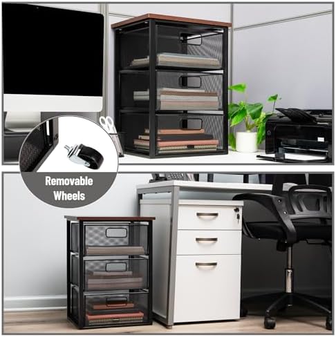 Mind Reader 3 Drawer Storage Organizer with Wood Top, Rolling Office Organizer Cabinet with Wheels, Office, Metal Mesh, Black - Image 5
