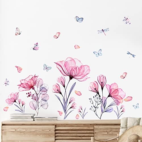 Pink Flowers Wall Decals Removable Butterflies Floral Flowerl Wall Stickers DIY Vinyl Self Adhesive Wall Mural for Nursery TV Background Kids Gilrs Rooms Bedroom Decoration - Image 4